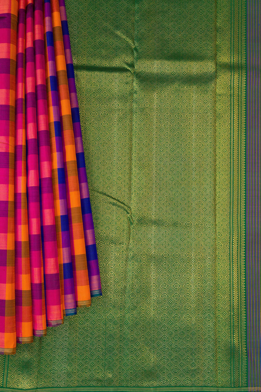 Pleats and pallu of Multi Color Kanchipuram Silk Saree with Checked design on the body and Thin Zari Line. 