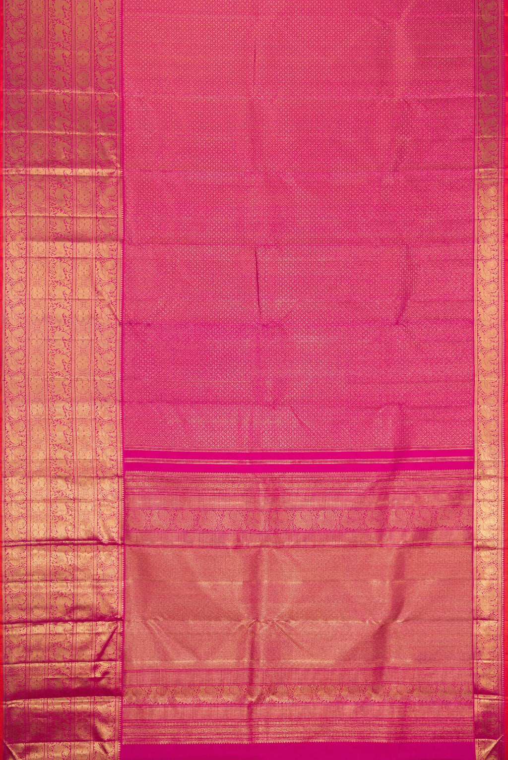 Flat view of Pure Silk Pure Zari Magenta Dual Tone Kanjivaram Saree with Zari Brocade on the body and Zari Border. 