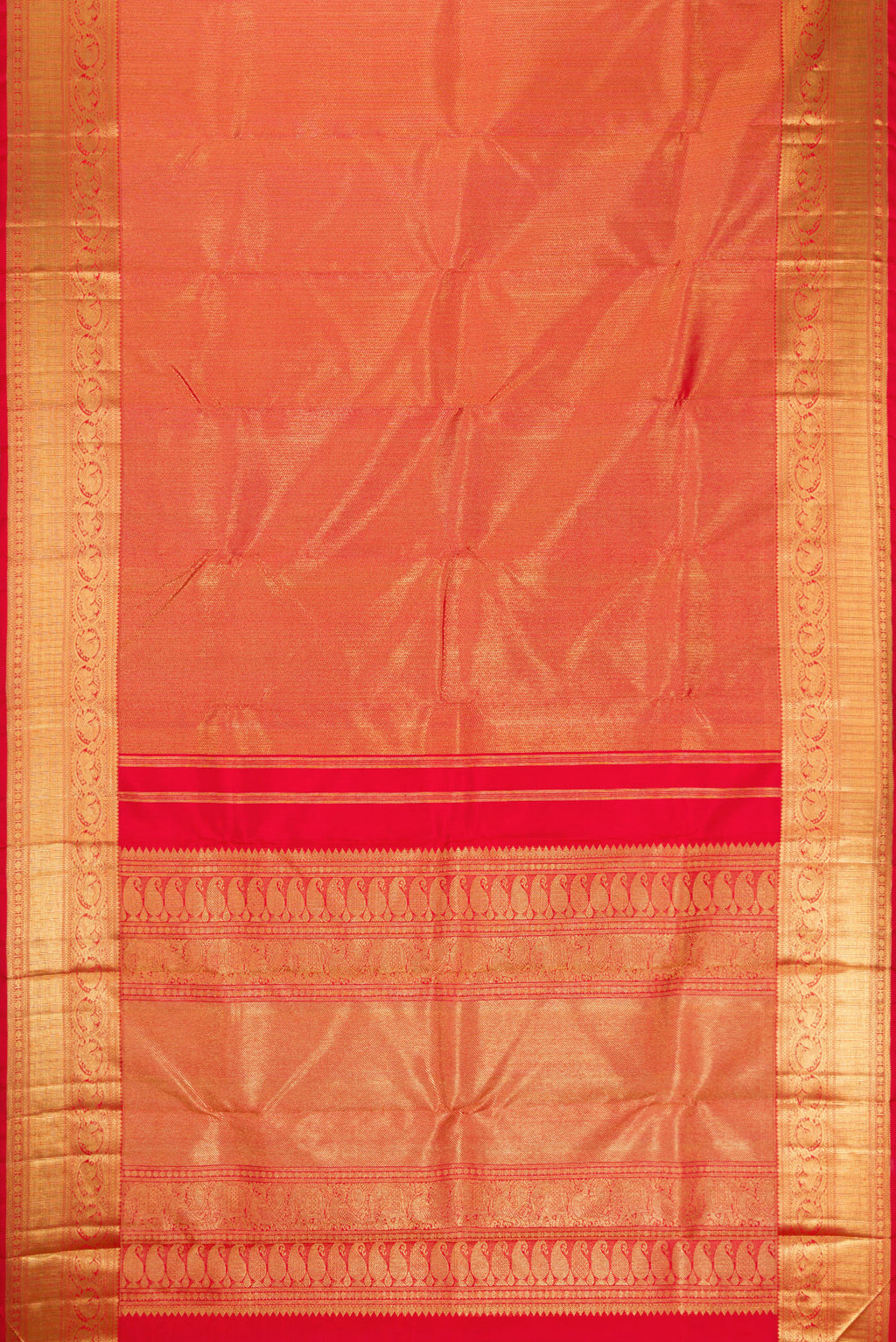 Flat view of Pure Silk Pure Zari Red Dual Tone Kanjivaram Saree with Zari Brocade on the body and Zari Border. 