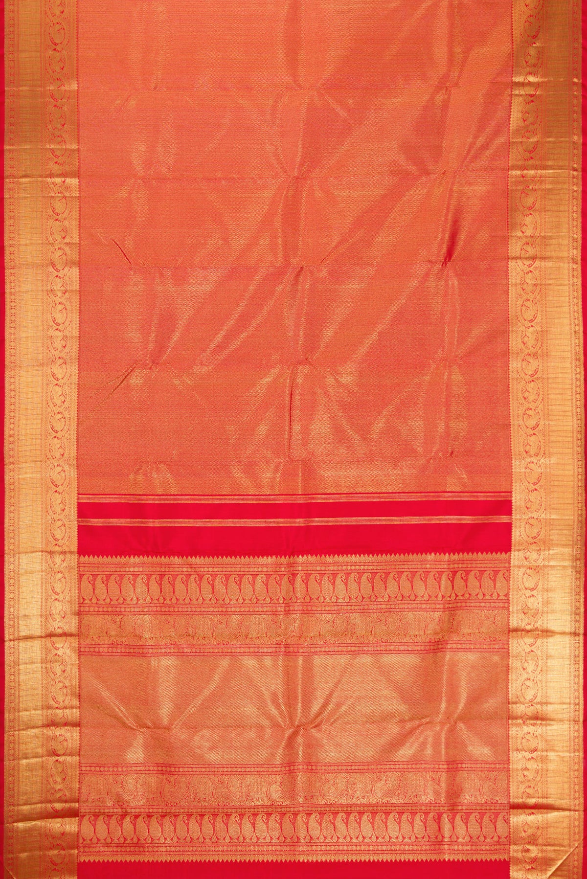 Flat view of Pure Silk Pure Zari Red Dual Tone Kanjivaram Saree with Zari Brocade on the body and Zari Border. 