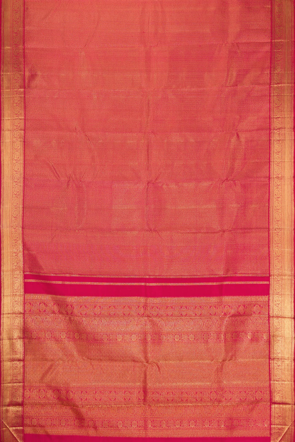 Flat view of Pure Silk Pure Zari Maroon Dual Tone Kanjivaram Saree with Zari Brocade on the body and Zari Border. 