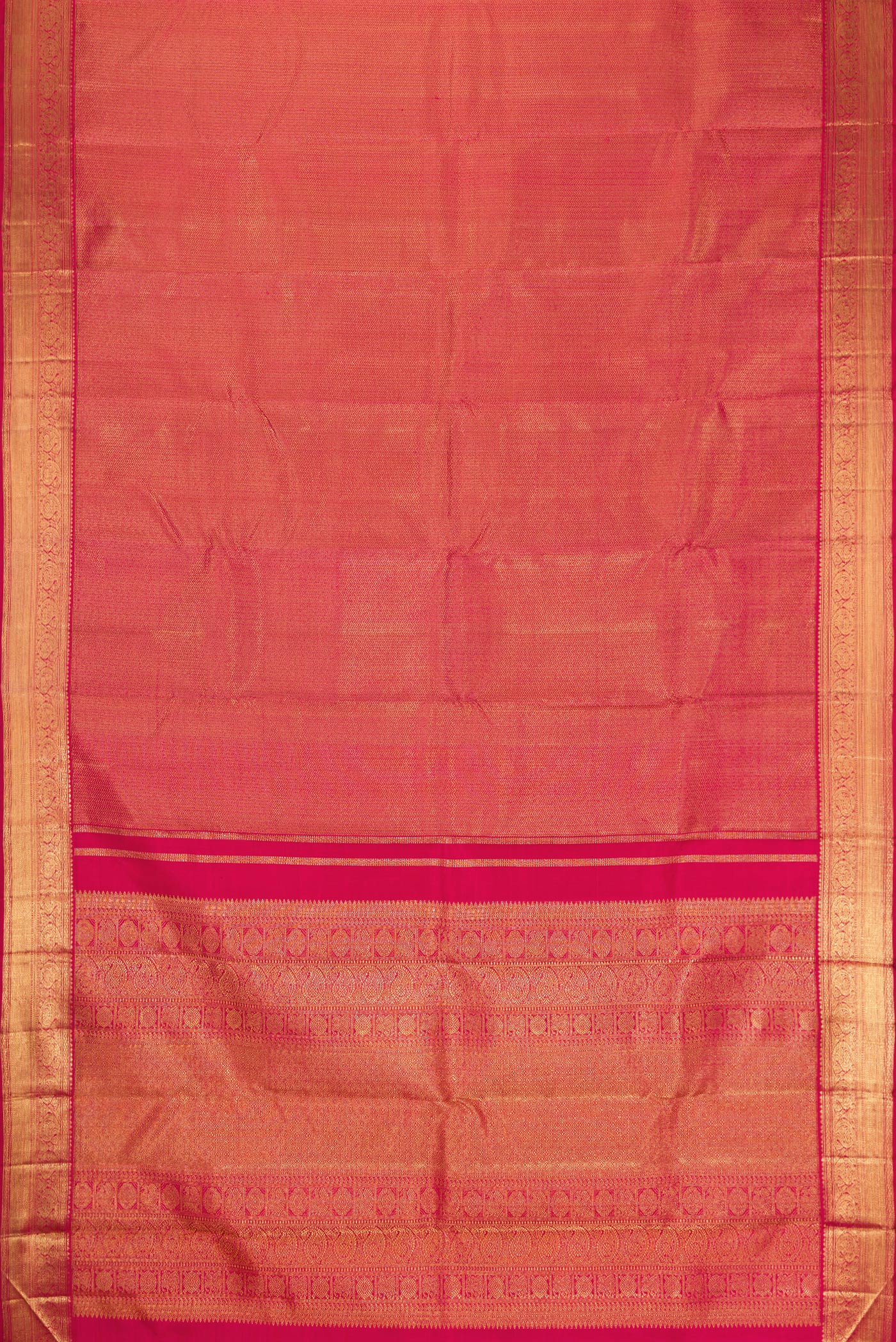 Flat view of Pure Silk Pure Zari Maroon Dual Tone Kanjivaram Saree with Zari Brocade on the body and Zari Border. 