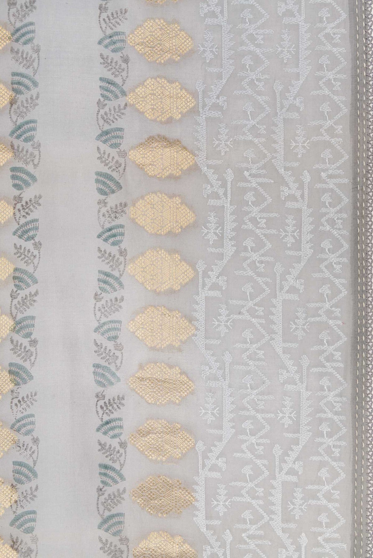 Border image of Grey Dual Tone Tussar Silk Saree with Zari Butta on the body and Embroidery Border. 