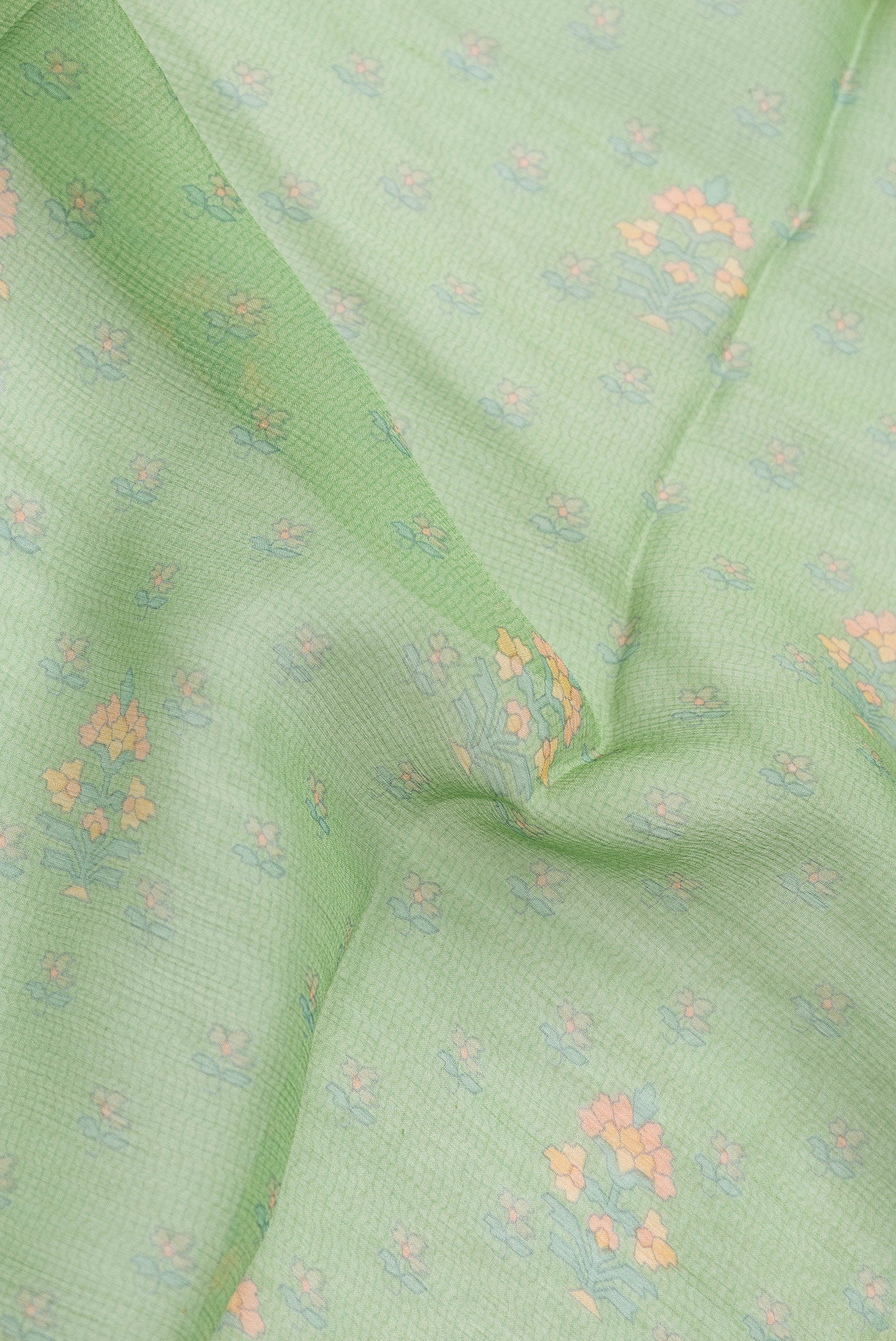 Close up of Pista Green Mysore Chiffon Saree with Printed design on the body and Zari Border.  displaying folds