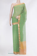 Pista Green Mysore Chiffon Saree with Printed design on the body and Zari Border.  displayed on a mannequin