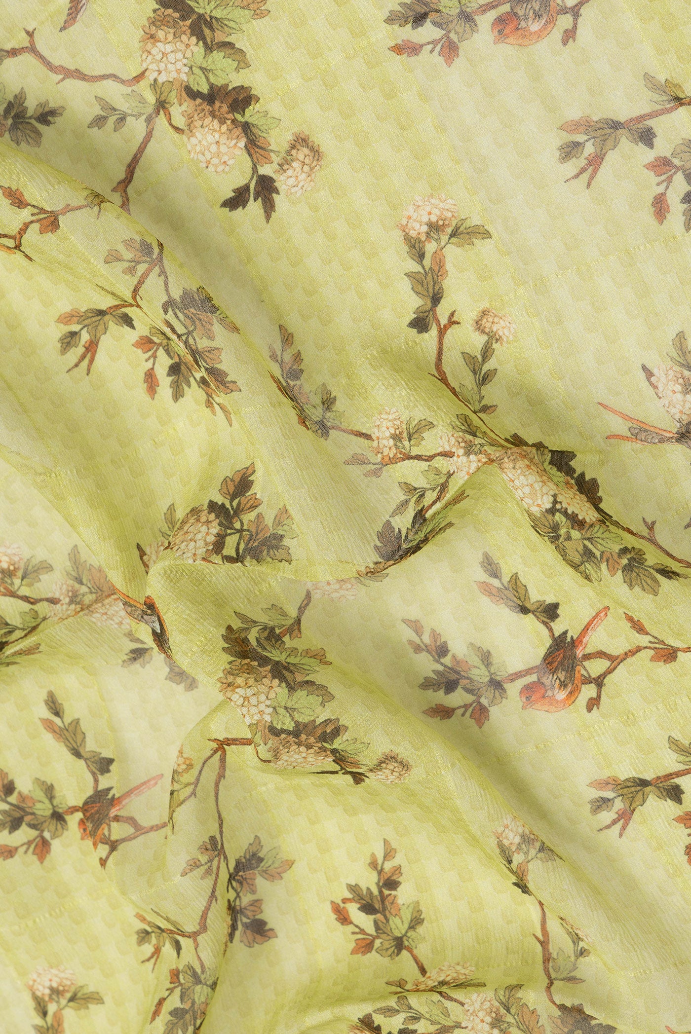 Close up of Mehandi Green Dual Tone Mysore Georgette Saree with Printed design on the body and Zari Border.  displaying folds