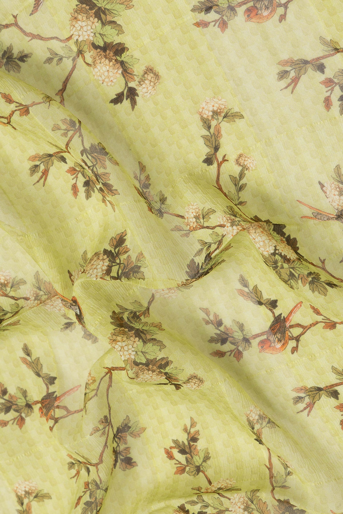 Close up of Mehandi Green Dual Tone Mysore Georgette Saree with Printed design on the body and Zari Border.  displaying folds