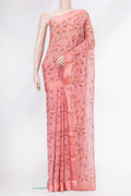 Golden Peach Dual Tone Mysore Georgette Saree with Printed design on the body and Zari Border.  displayed on a mannequin
