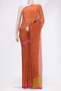 Orange Dual Tone Mysore Chiffon Saree with Printed design on the body and Plain Border.  displayed on a mannequin