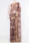 Maroon Dual Tone Mysore Georgette Saree with Stripes on the body and Zari Border displayed on a mannequin