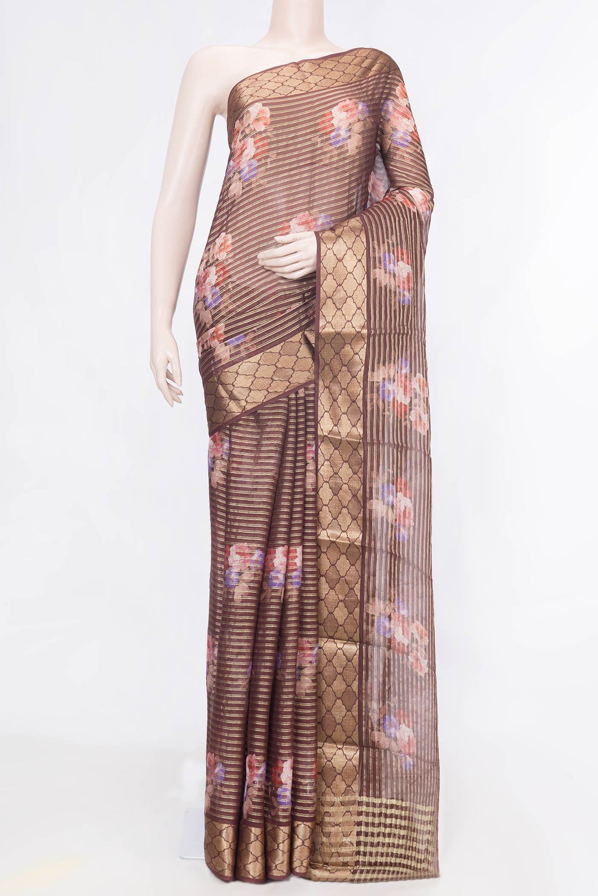 Maroon Dual Tone Mysore Georgette Saree with Stripes on the body and Zari Border displayed on a mannequin