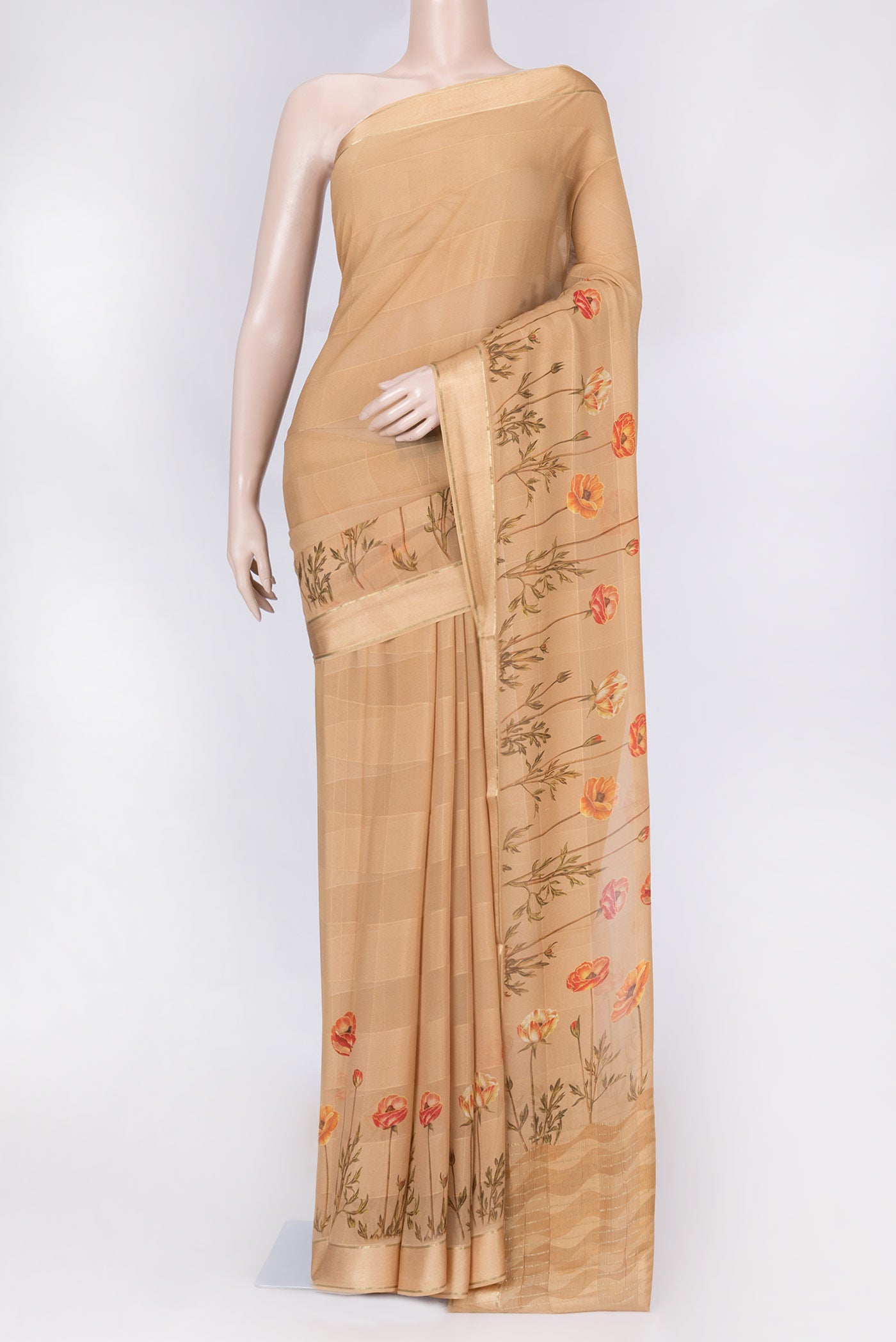Peach Mysore Chiffon Saree with Checked design on the body and Embroidery Border displayed on a mannequin
