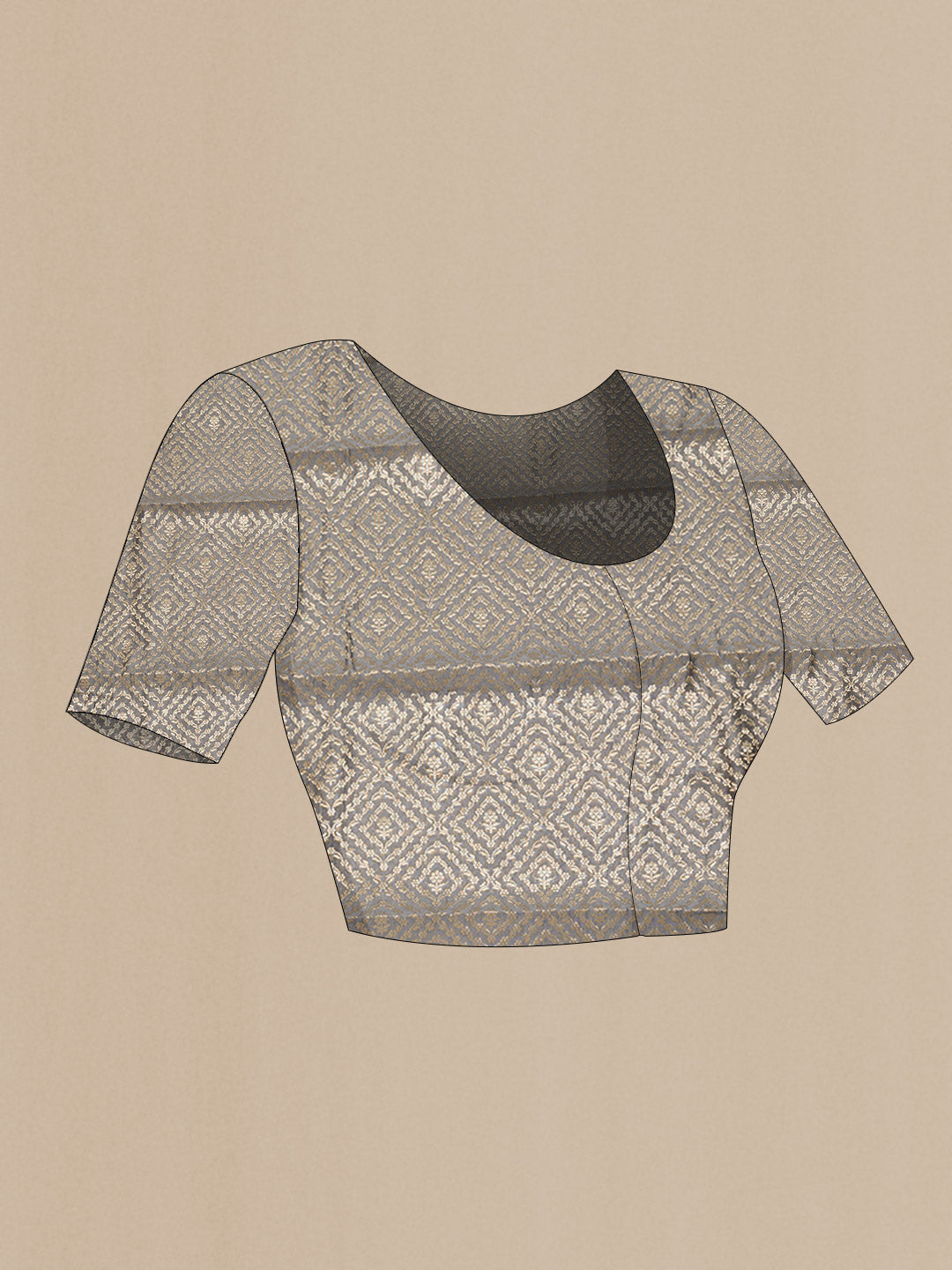 Close up image of the blouse of Grey Dual Tone Mysore Georgette Saree With Printed design on the body and Zari Border