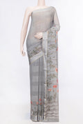 Grey Dual Tone Mysore Georgette Saree With Printed design on the body and Zari Border displayed on a mannequin