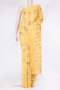 Yellow Dual Tone Mysore Georgette Saree with Printed design on the body and Zari Border.  displayed on a mannequin