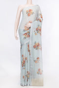 Grey Dual Tone Mysore Chiffon Saree with Stripes on the body and Zari Border displayed on a mannequin