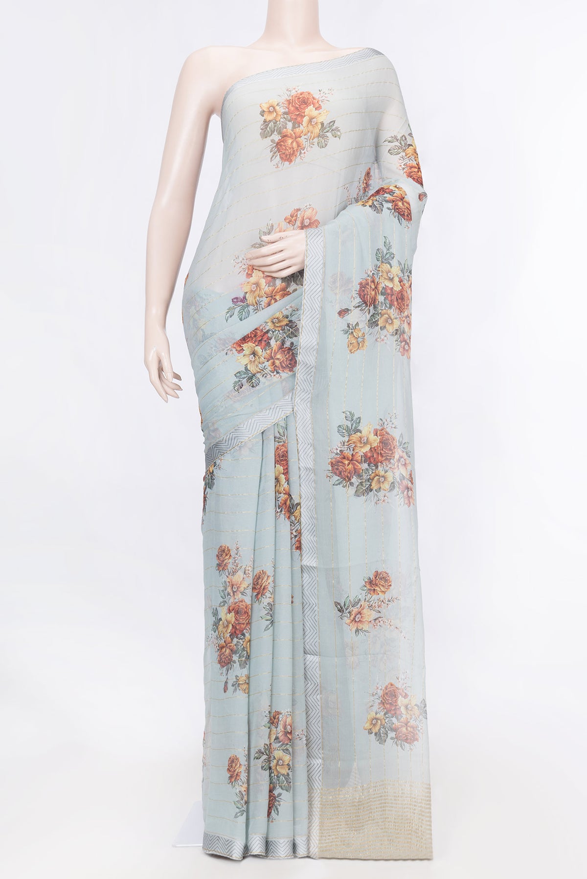 Grey Dual Tone Mysore Chiffon Saree with Stripes on the body and Zari Border displayed on a mannequin