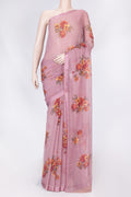 Pink Dual Tone Mysore Chiffon Saree with Printed design on the body and Zari Border displayed on a mannequin