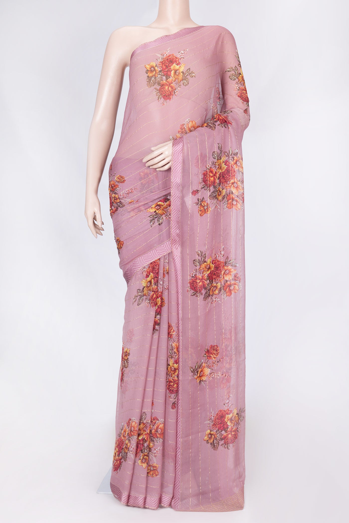 Pink Dual Tone Mysore Chiffon Saree with Printed design on the body and Zari Border displayed on a mannequin