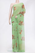 Green Dual Tone Mysore Georgette Saree with Printed design on the body and Zari Border.  displayed on a mannequin