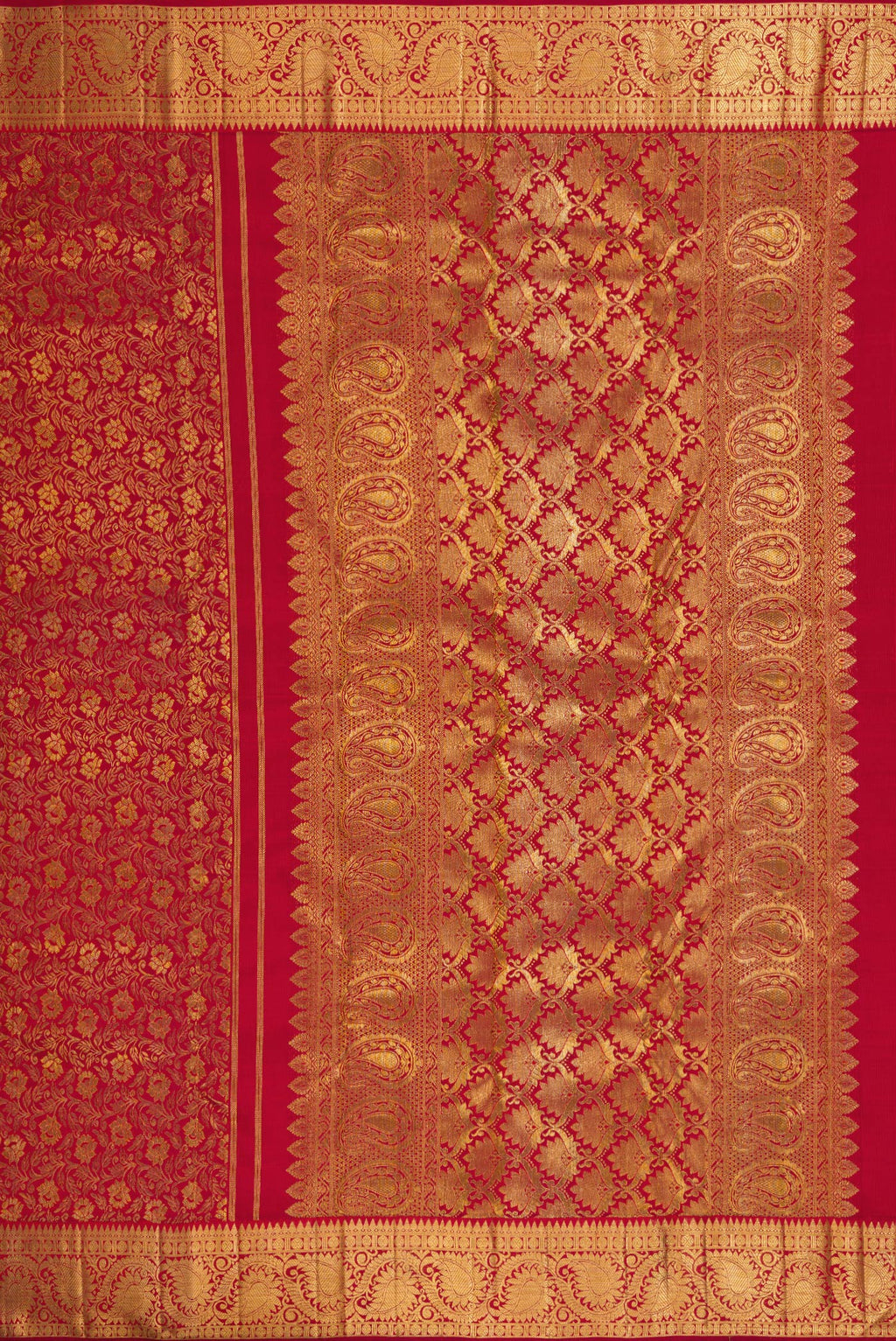 Close up image of the pallu of Pure Silk Pure Zari Maroon Kanjivaram Saree with Jacquard design on the body and Zari Border. 