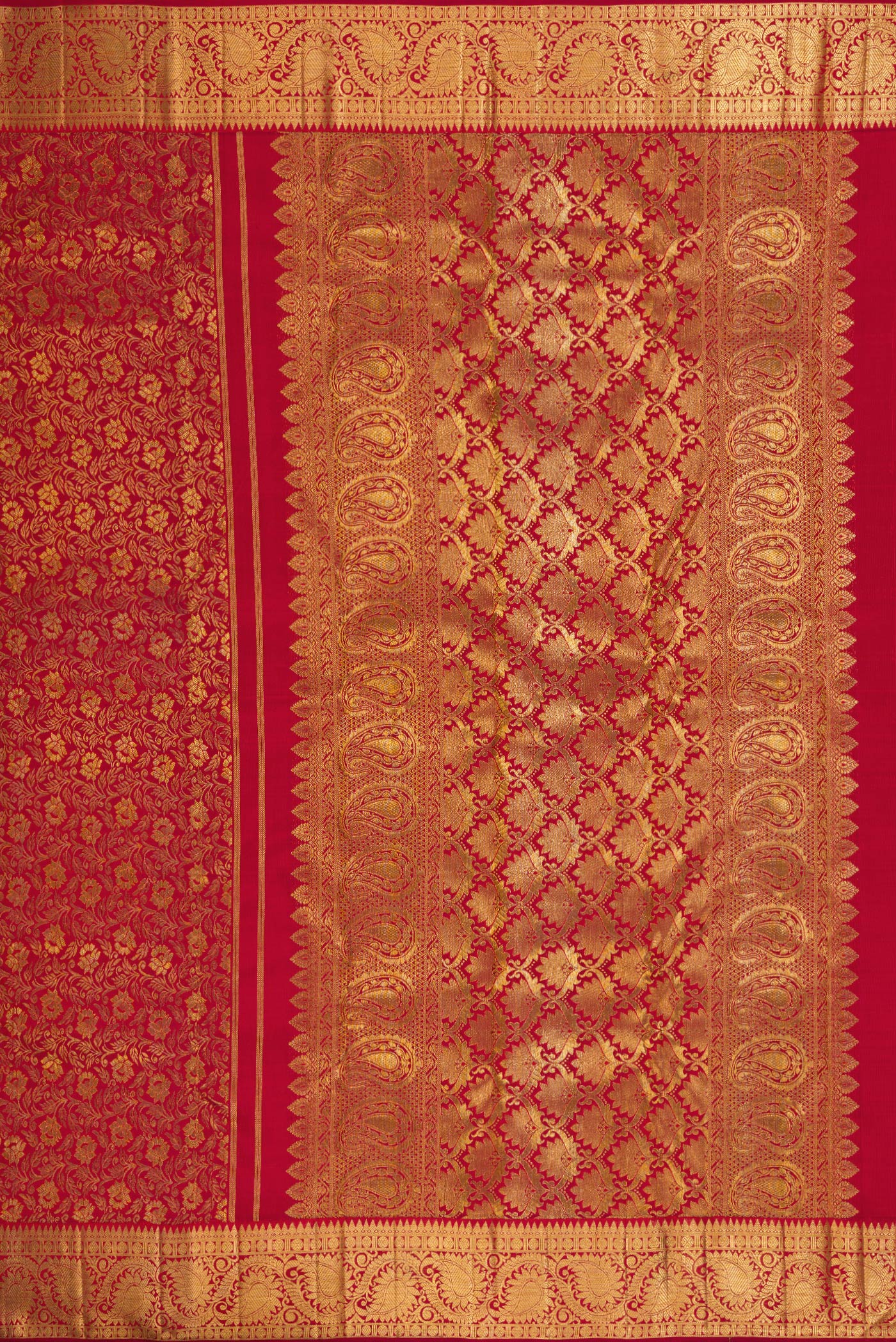 Close up image of the pallu of Pure Silk Pure Zari Maroon Kanjivaram Saree with Jacquard design on the body and Zari Border. 