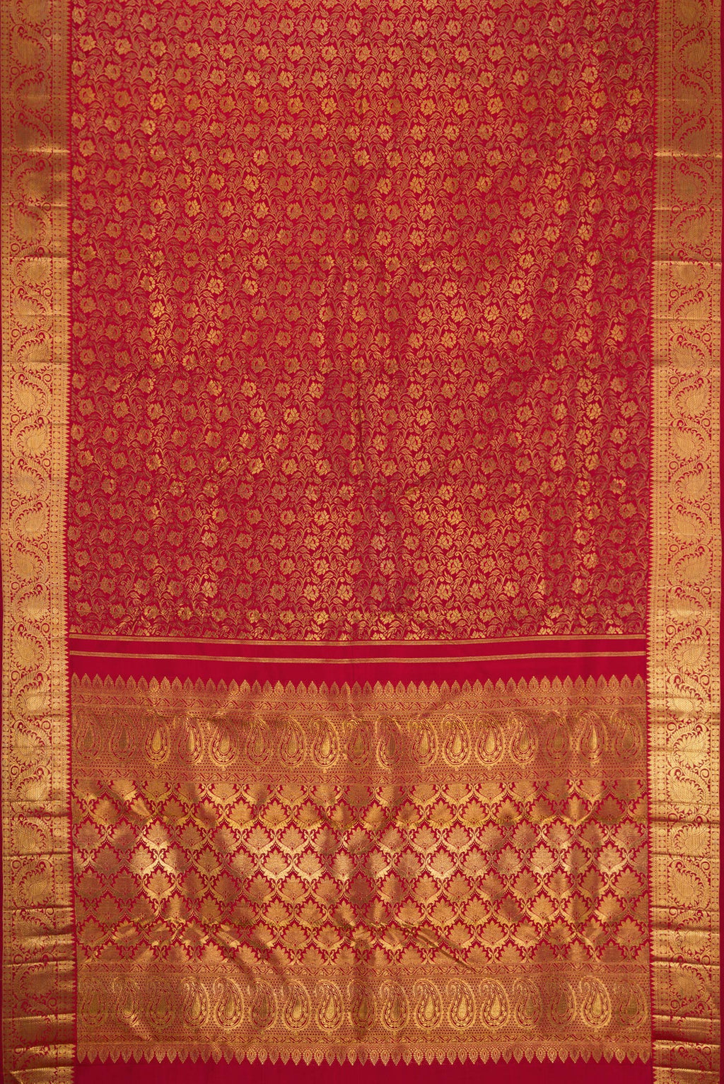 Flat view of Pure Silk Pure Zari Maroon Kanjivaram Saree with Jacquard design on the body and Zari Border. 