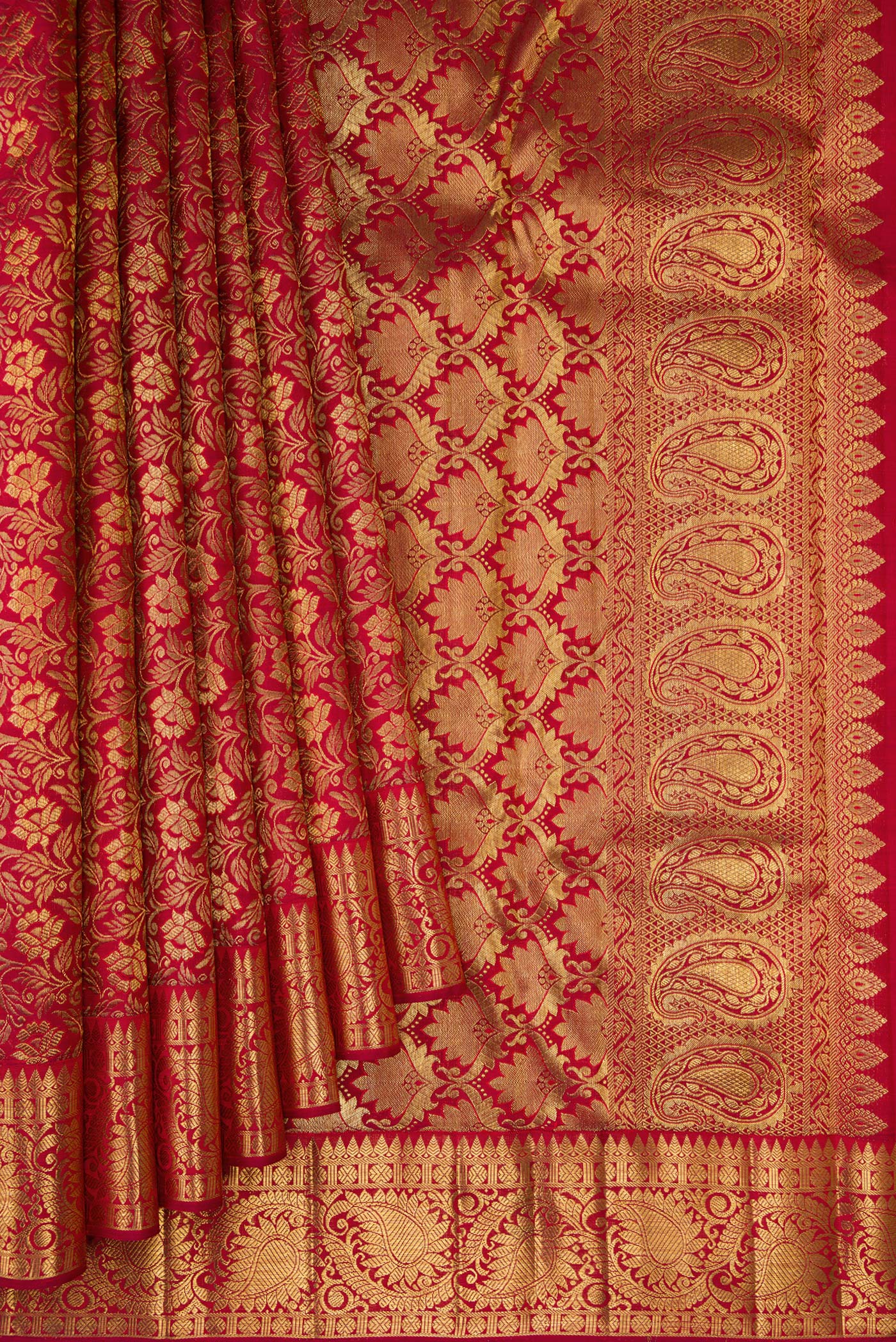 Pleats and pallu of Pure Silk Pure Zari Maroon Kanjivaram Saree with Jacquard design on the body and Zari Border. 