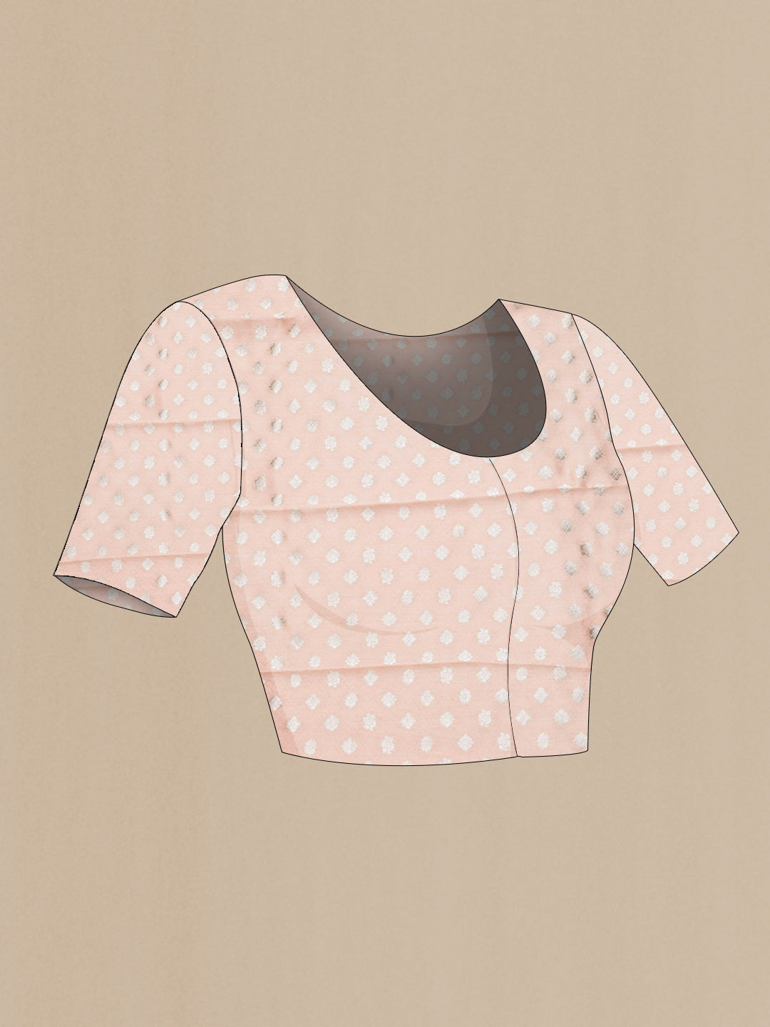 Close up image of the blouse of Peach Dual Tone Organza Silk Saree with Zari Butta on the body and Zari Border. 