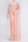 Peach Dual Tone Organza Silk Saree with Zari Butta on the body and Zari Border.  displayed on a mannequin