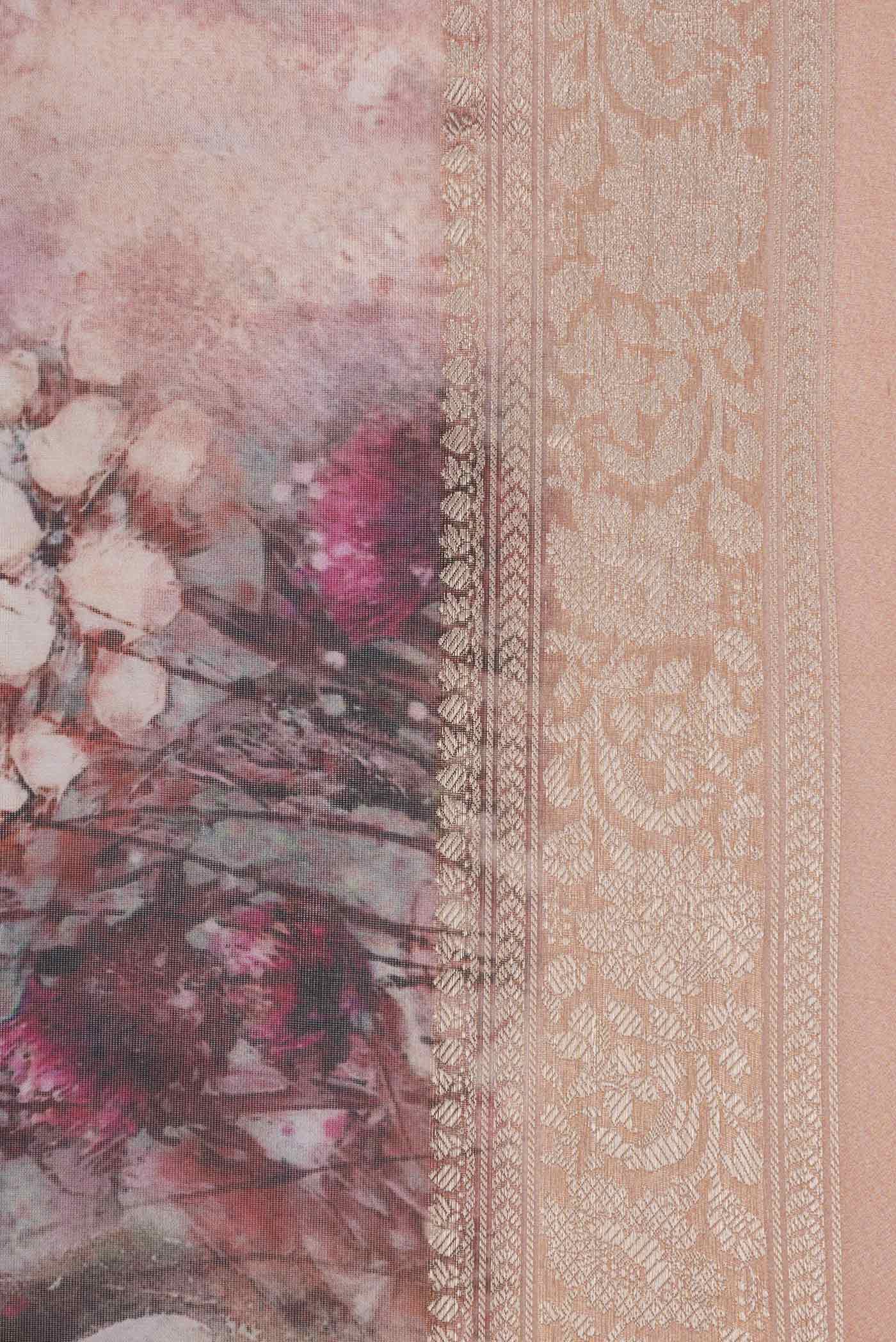 Border image of Pink Dual Tone Organza Silk Saree with Printed design on the body and Zari Border