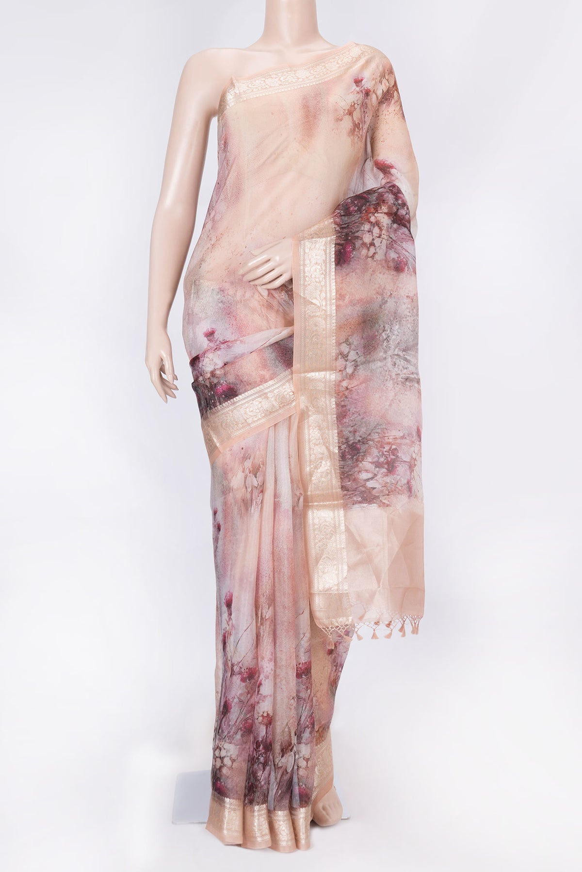 Pink Dual Tone Organza Silk Saree with Printed design on the body and Zari Border displayed on a mannequin