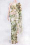 Green Dual Tone Organza Silk Saree with Printed design on the body and Zari Border displayed on a mannequin