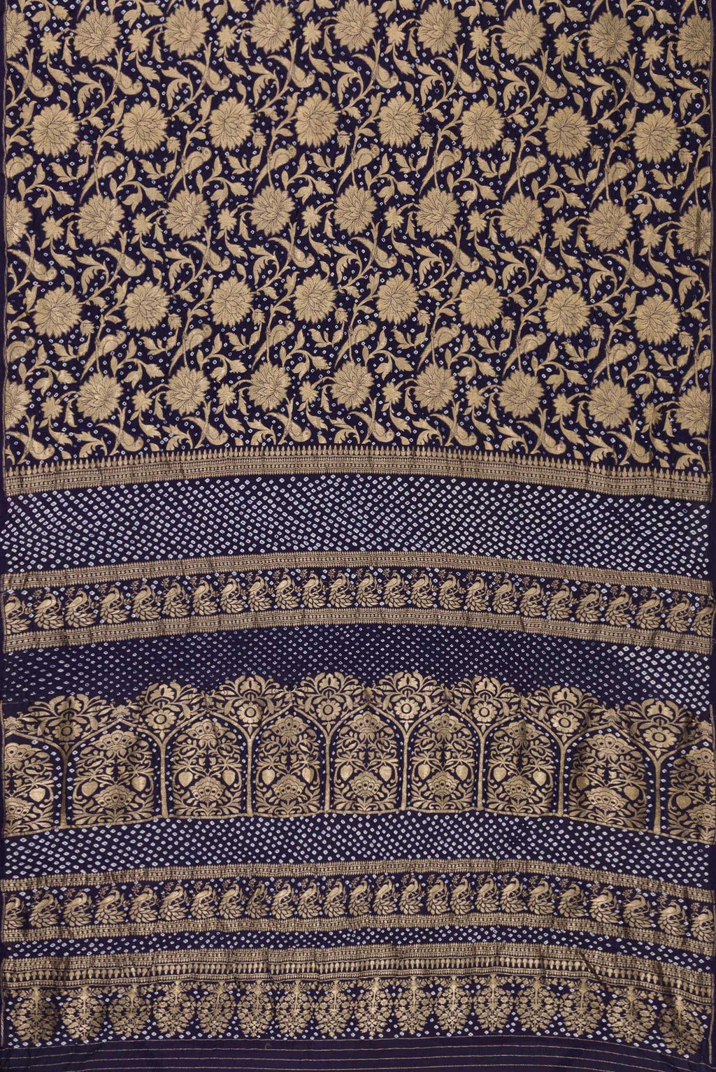 Flat view of Navy Blue Dual Tone Bandhani Silk Saree with Bandhani Print on the body and Without Border. 