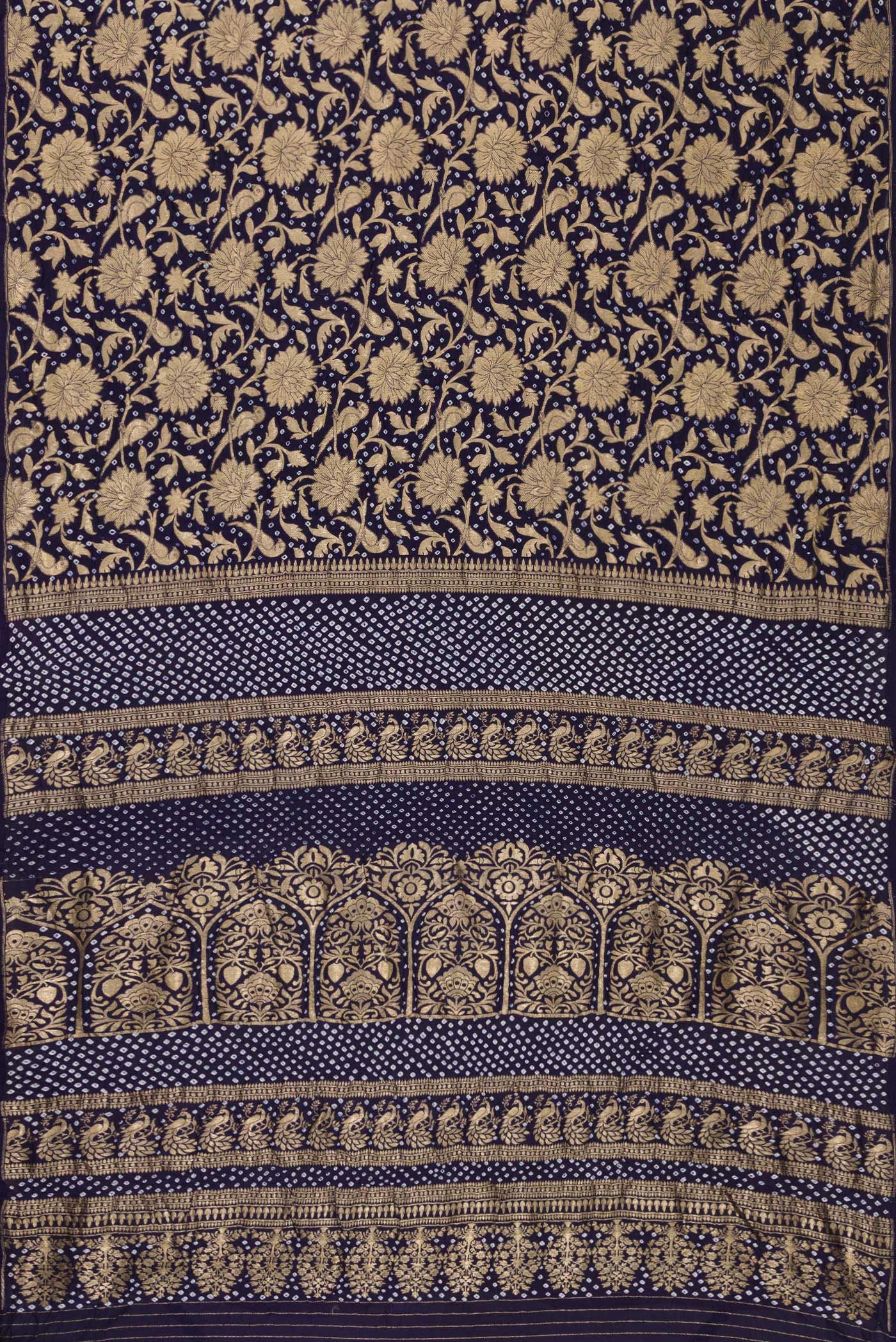 Flat view of Navy Blue Dual Tone Bandhani Silk Saree with Bandhani Print on the body and Without Border. 