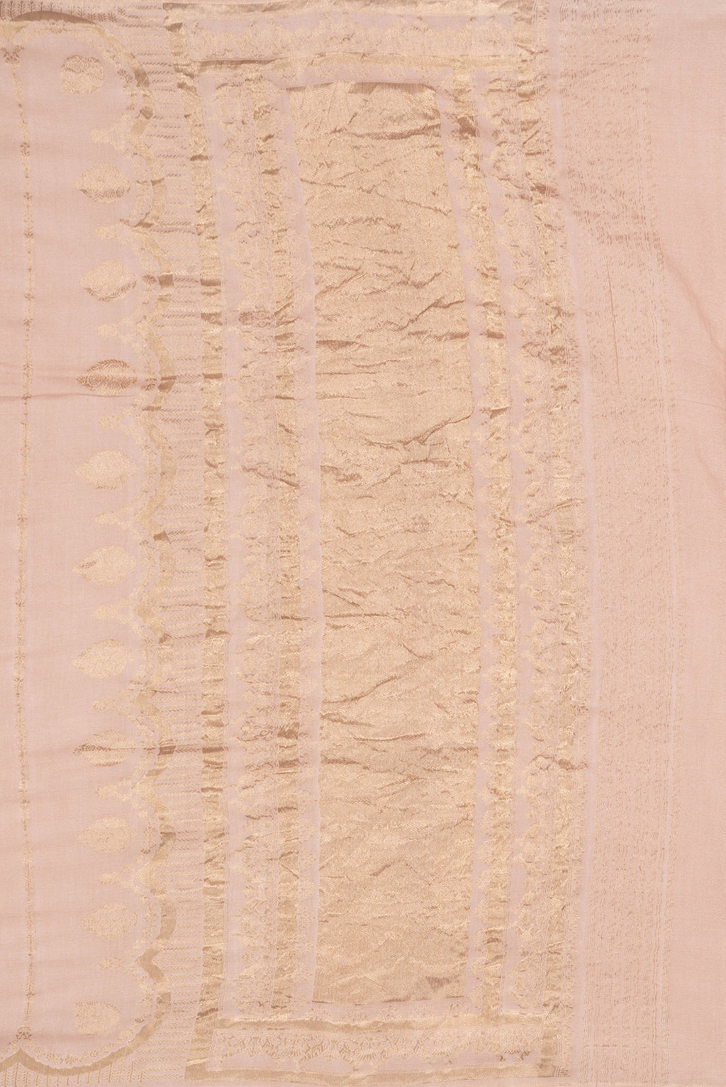 Close up image of the pallu of Beige Dual Tone Tussar Silk Saree with Stripes on the body and Fancy Border. 