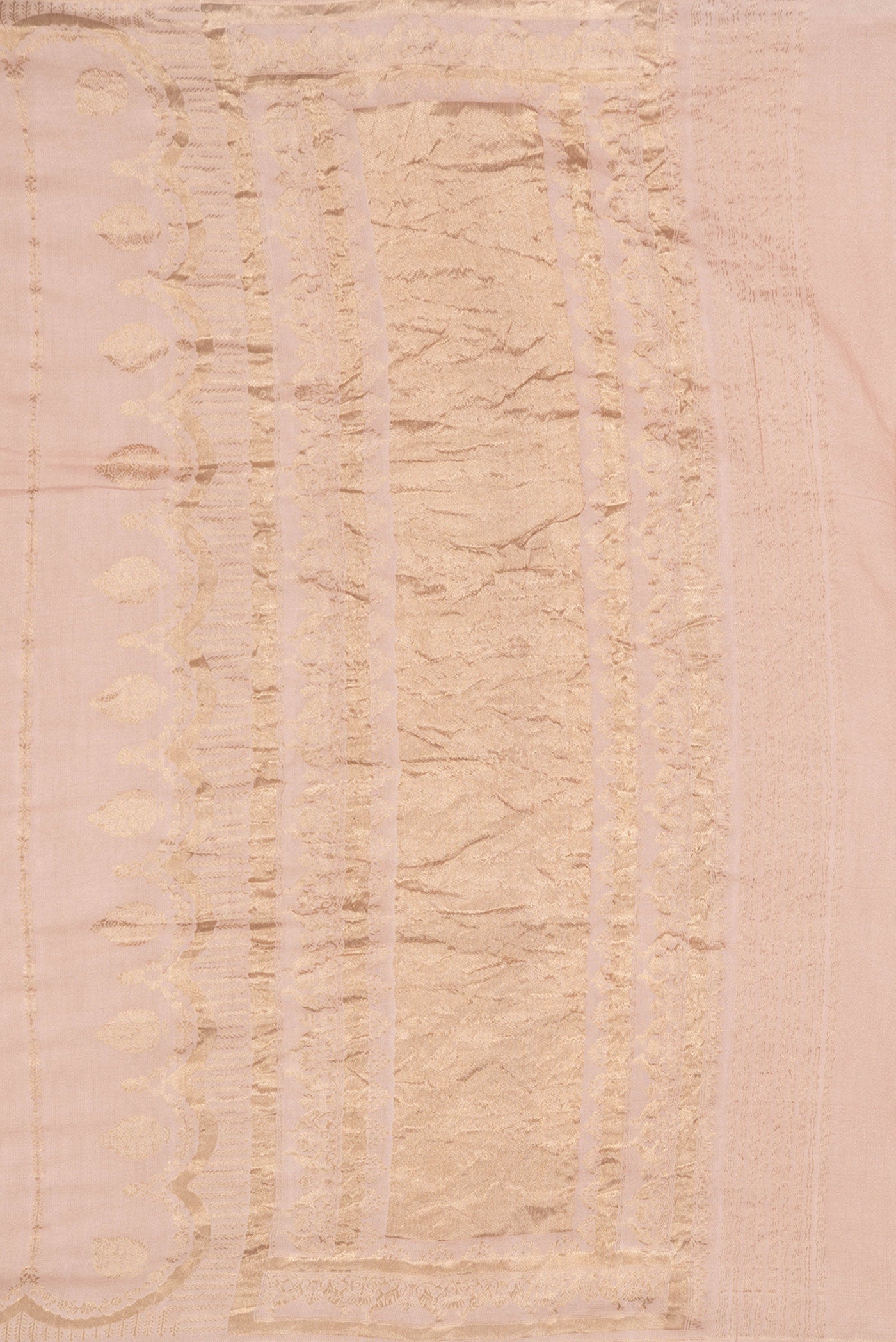 Close up image of the pallu of Beige Dual Tone Tussar Silk Saree with Stripes on the body and Fancy Border. 