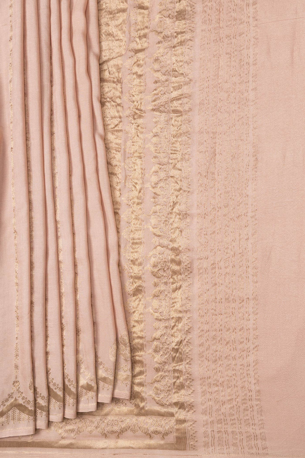 Pleats and pallu of Beige Dual Tone Tussar Silk Saree with Stripes on the body and Fancy Border. 