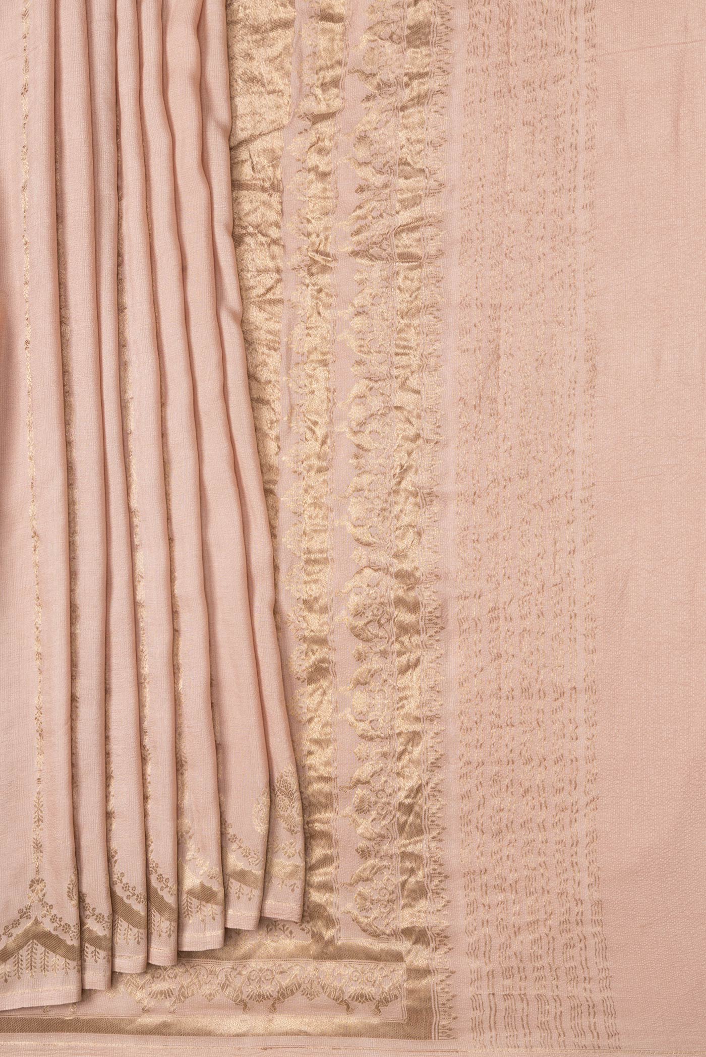Pleats and pallu of Beige Dual Tone Tussar Silk Saree with Stripes on the body and Fancy Border. 