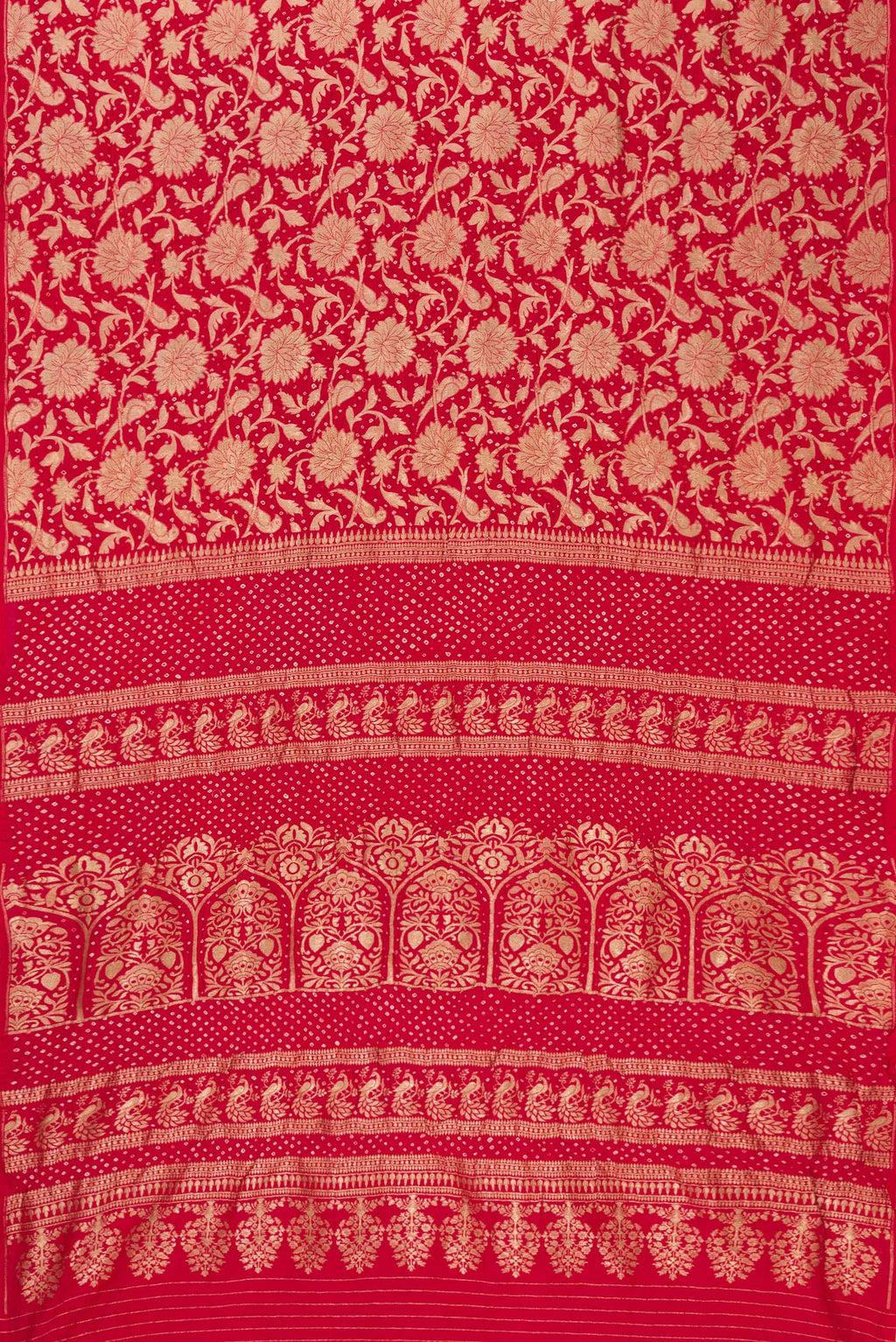 Flat view of Red Dual Tone Bandhani Silk Saree with Bandhani Print on the body and Without Border. 
