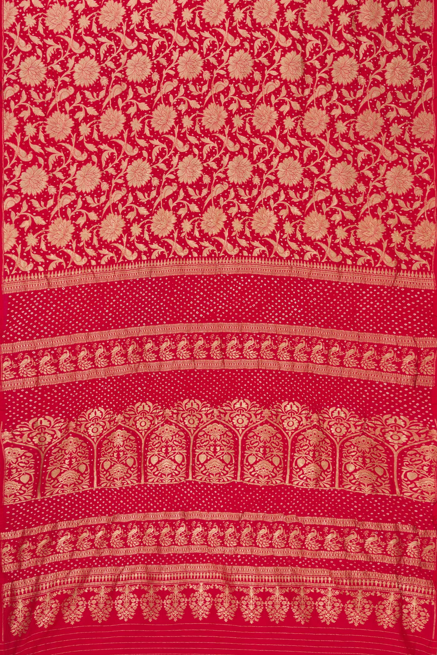 Flat view of Red Dual Tone Bandhani Silk Saree with Bandhani Print on the body and Without Border. 