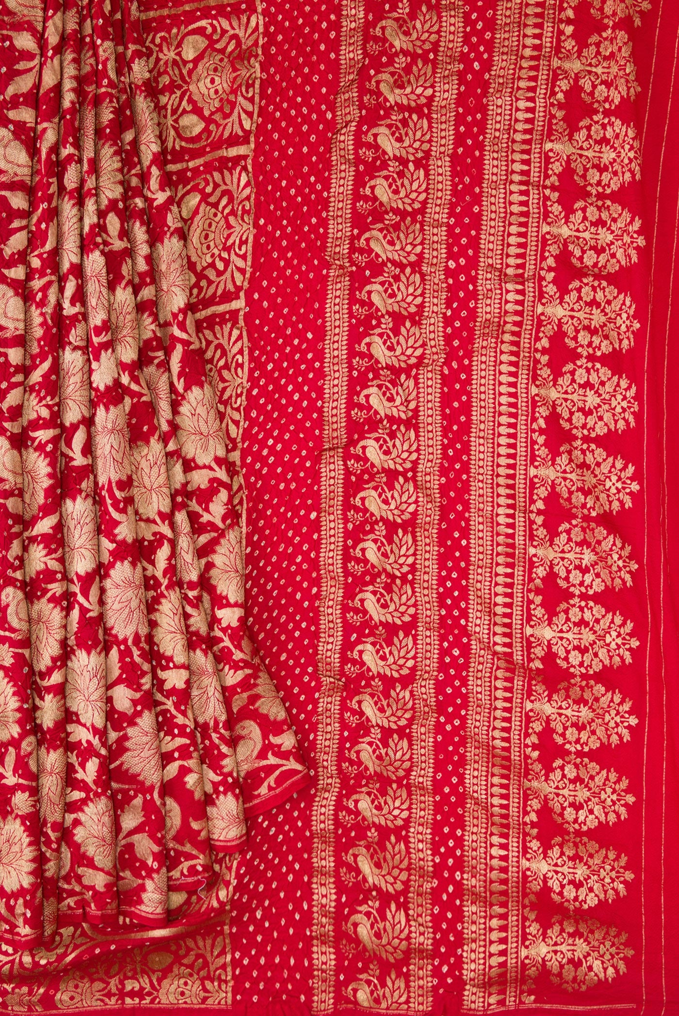 Pleats and pallu of Red Dual Tone Bandhani Silk Saree with Bandhani Print on the body and Without Border. 