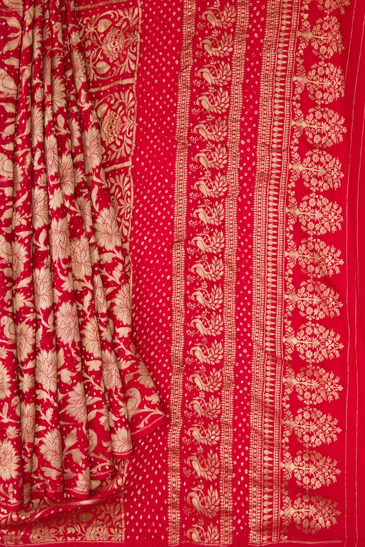 Pleats and pallu of Red Dual Tone Bandhani Silk Saree with Bandhani Print on the body and Without Border. 