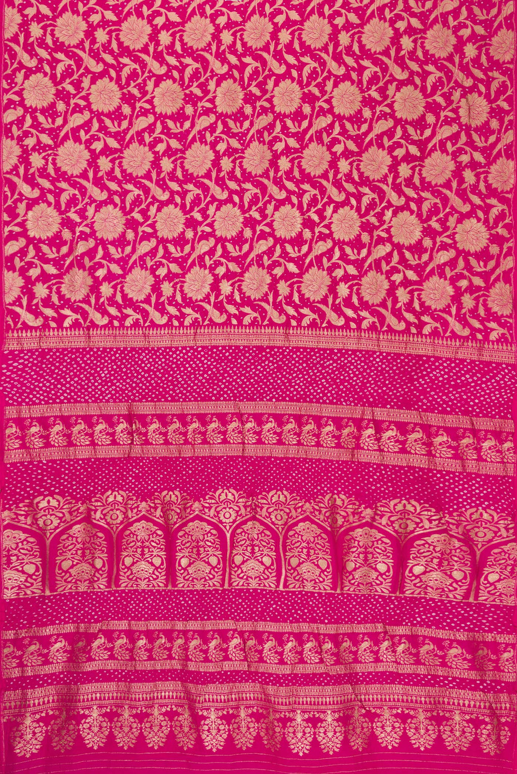 Flat view of Dark Pink Dual Tone Bandhani Silk Saree with Bandhani Print on the body and Without Border. 