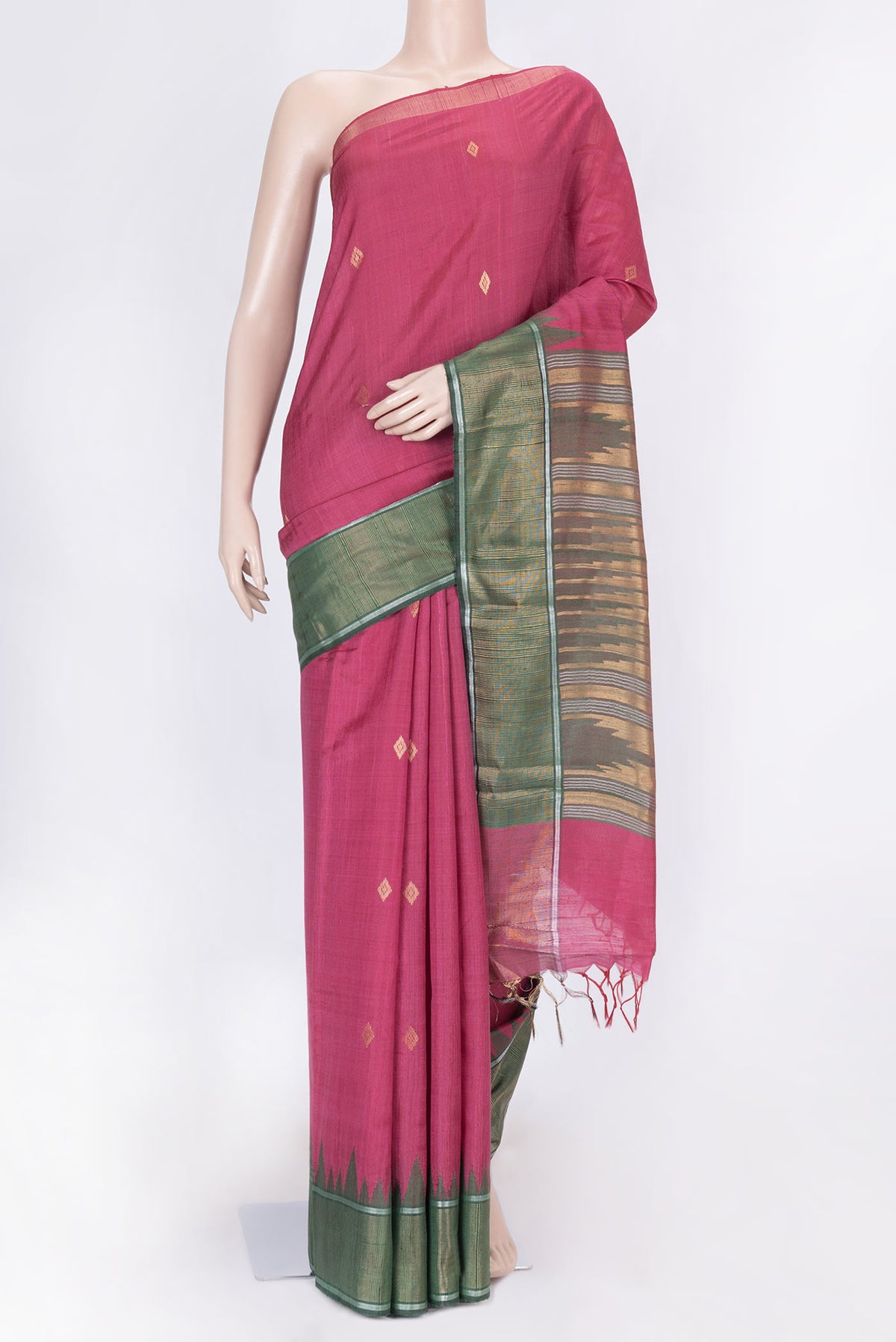 Pink Dual Tone Tussar Silk Saree with Zari Butta on the body and Zari Border displayed on a mannequin