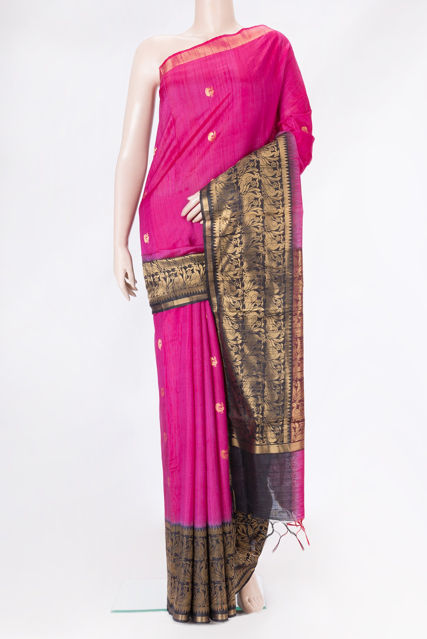 Pink Dual Tone Tussar Silk Saree with Zari Butta on the body and Fancy Border.  displayed on a mannequin