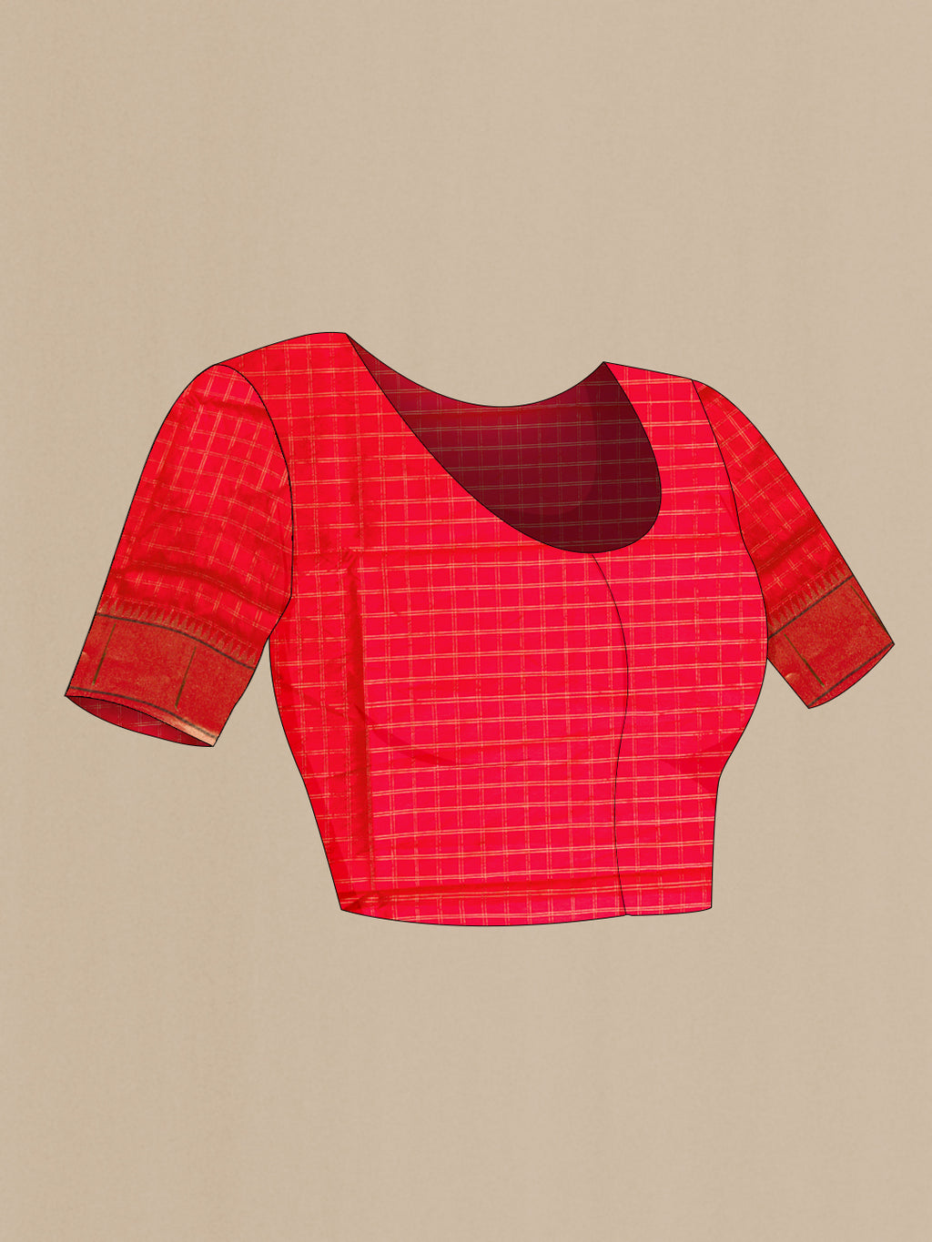 Close up image of the blouse of Red Dual Tone Paithani Silk Saree with Checked design on the body and Paithani Border. 