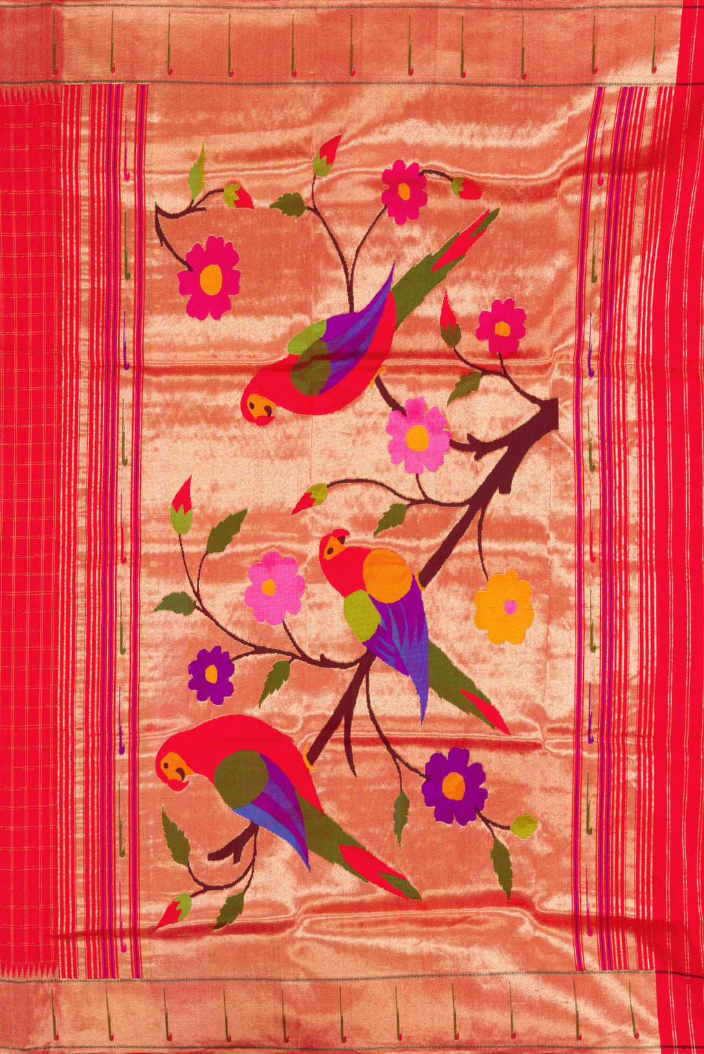 Close up image of the pallu of Red Dual Tone Paithani Silk Saree with Checked design on the body and Paithani Border. 