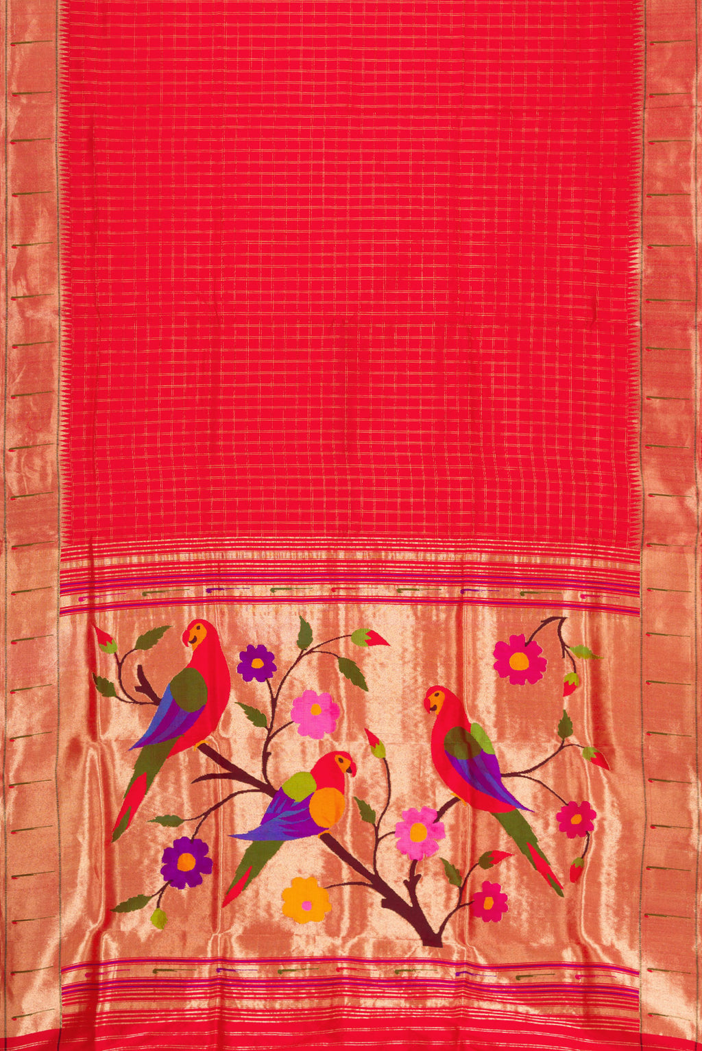 Flat view of Red Dual Tone Paithani Silk Saree with Checked design on the body and Paithani Border. 