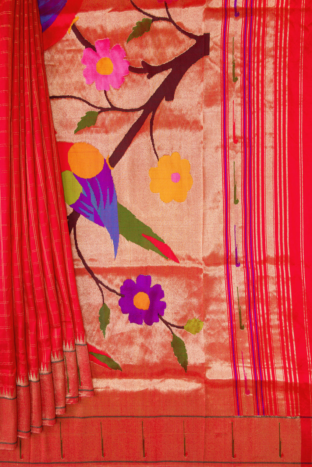 Pleats and pallu of Red Dual Tone Paithani Silk Saree with Checked design on the body and Paithani Border. 